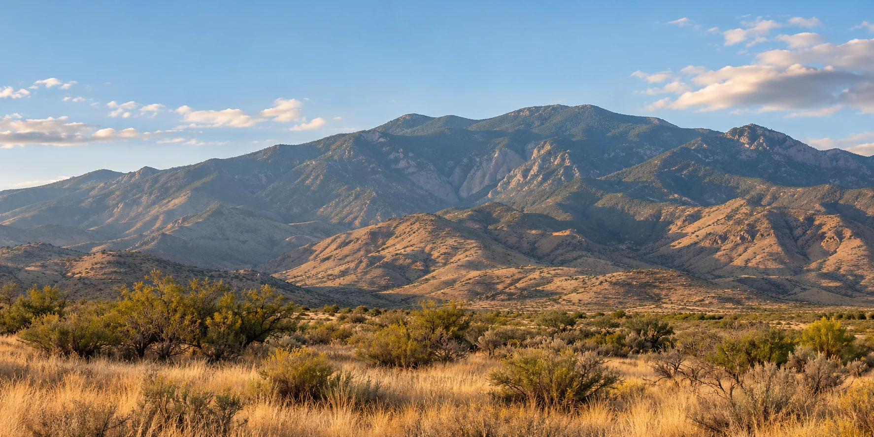 AI-generated interpretation of Mt. Graham’s broad ridgeline above golden desert grassland in the Gila Valley
